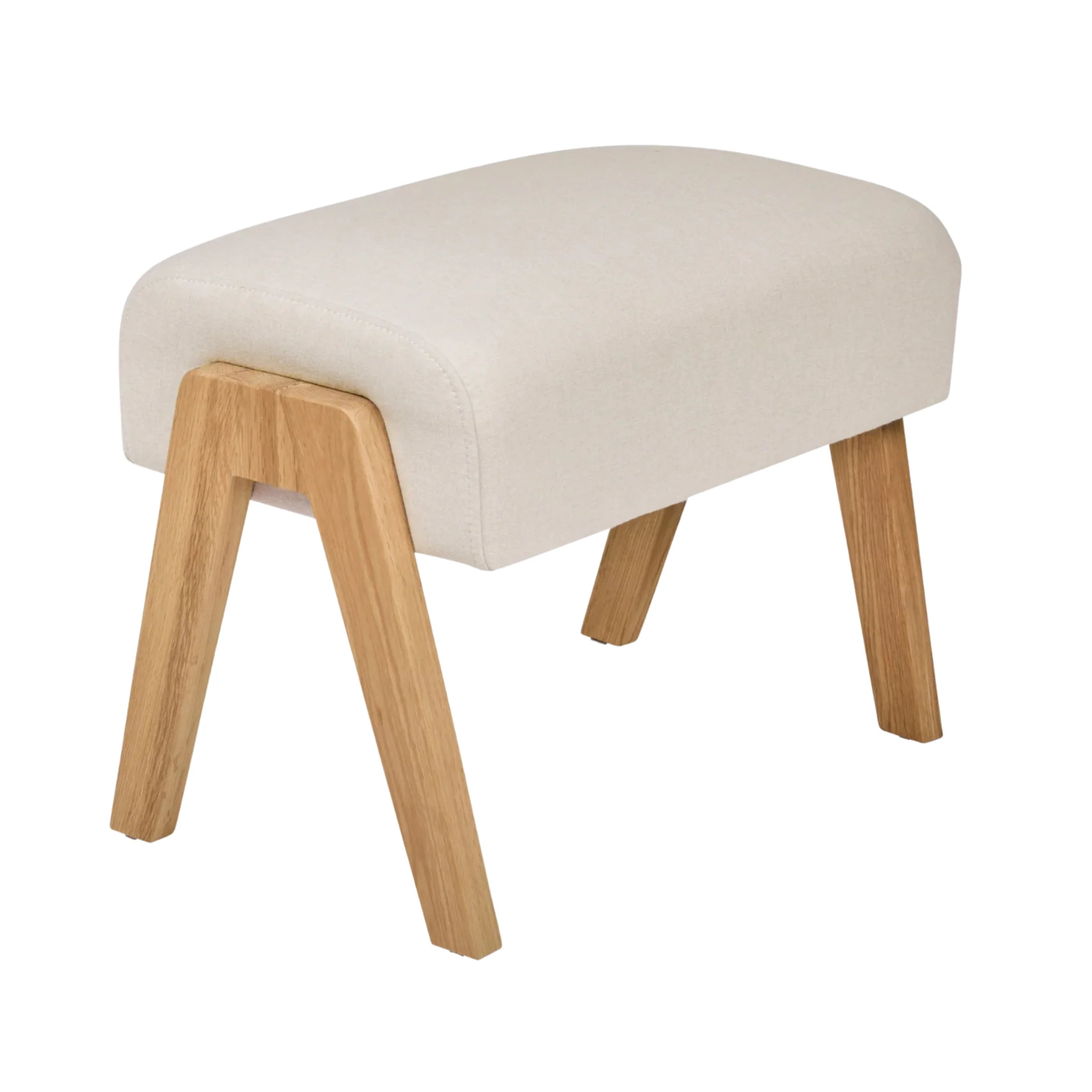 Hera Footstool Barley colour with wooden legs, upholstered nursery footrest by Gaia Baby isolated on white.