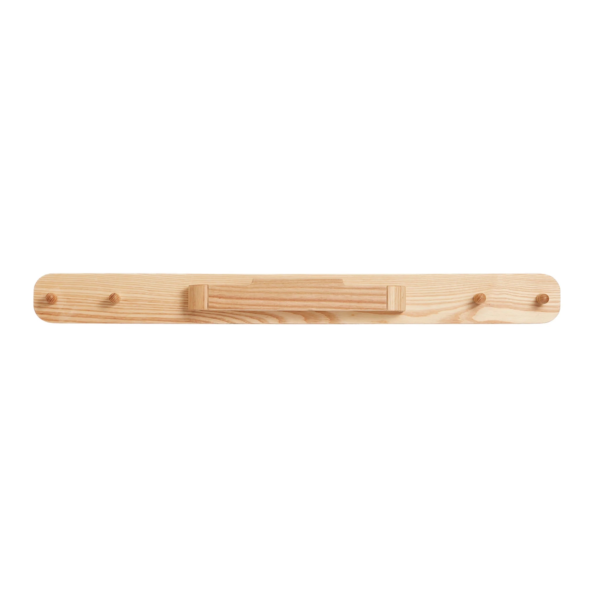 The ash wood Hera hanging peg rail viewed from the front with 4 pegs and a bespoke hanging area in the middle for the Gaia Baby Changing Station