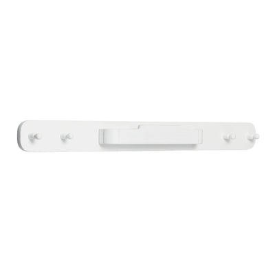 The white Hera hanging peg rail viewed from a 45 degree angle with 4 pegs and a bespoke hanging area in the middle for the Gaia Baby Changing Station