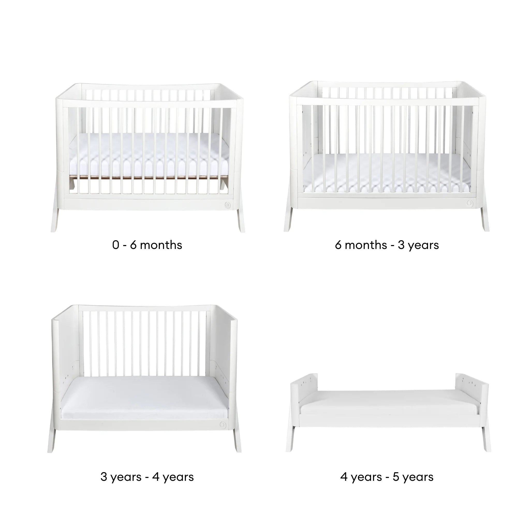 Productevolutieafbeelding van het Gaia Baby Hera ledikantbed in het wit, met vier gebruiksfasen: ledikant (0–6 maanden), ledikant (6 maanden–3 jaar), peuterbed (3–4 jaar) en eerste bed (4–5 jaar), weergegeven op een witte achtergrond.