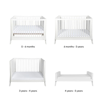 Produktentwicklungsbild des Gaia Baby Hera Kinderbetts in Weiß mit vier Nutzungsphasen: Kinderbett (0–6 Monate), Kinderbett (6 Monate–3 Jahre), Kleinkindbett (3–4 Jahre) und erstes Bett (4–5 Jahre), angezeigt auf weißem Hintergrund.