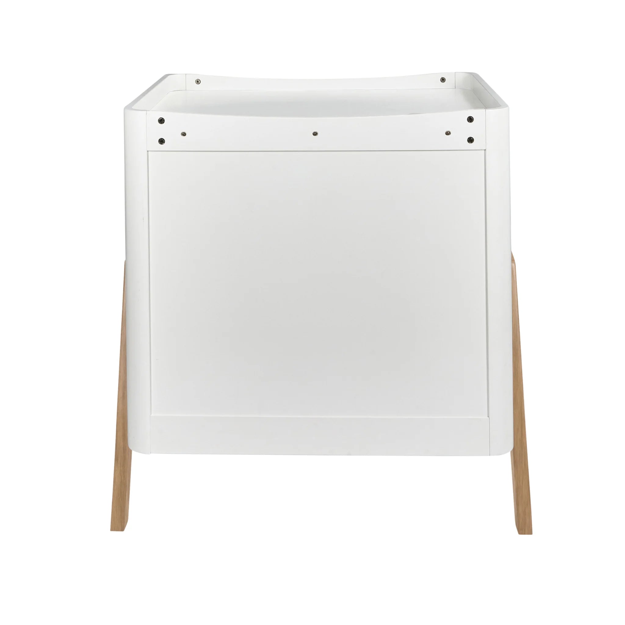Rear view of the Gaia Baby Hera dresser in a white and natural oak finish, featuring a smooth minimalist back panel, integrated changing top, and angled wooden legs on a white background.
