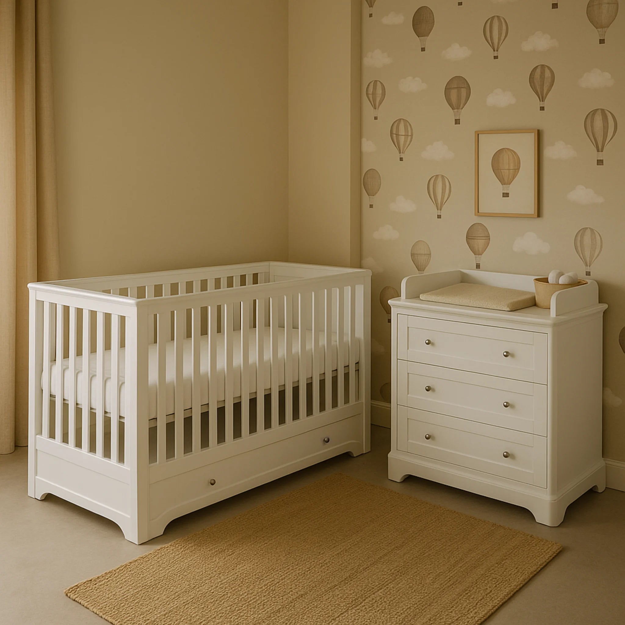 Nursery room with white cot and dresser against a wall with hot air balloon pattern.