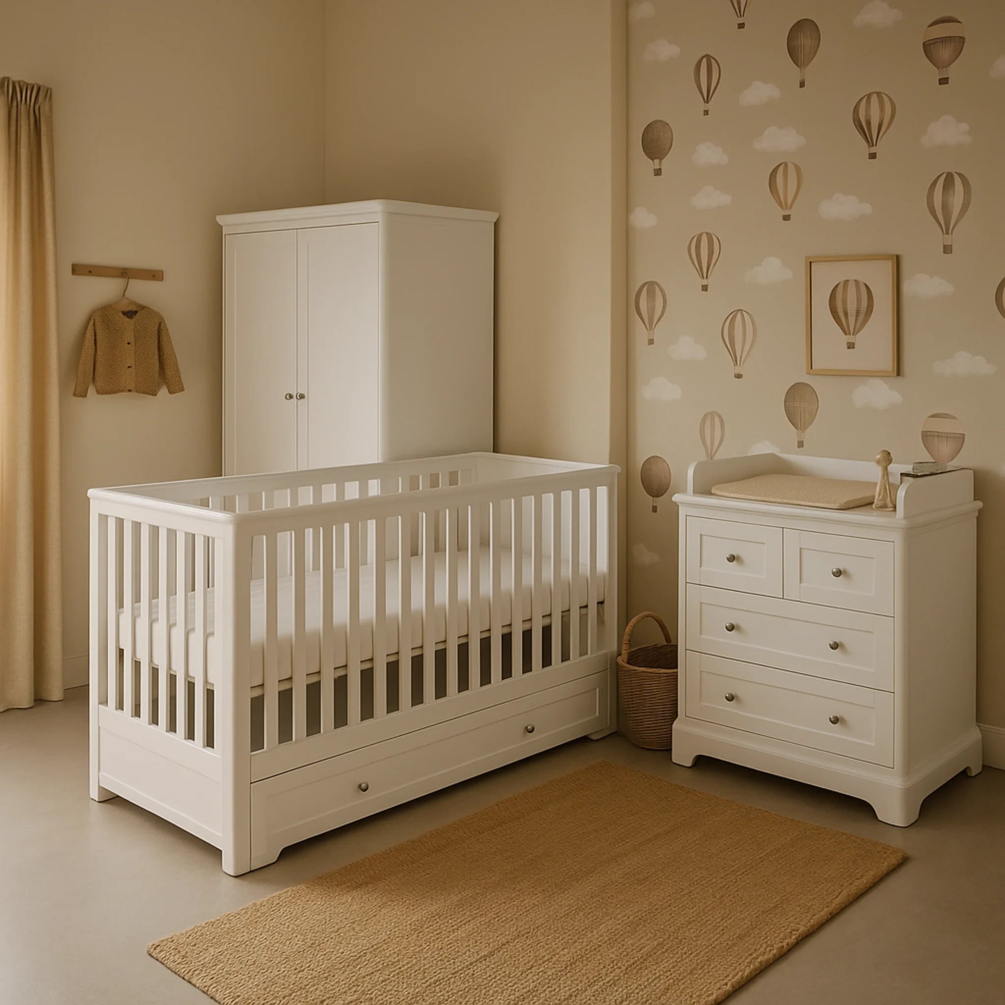 Nursery room with white cot, wardrobe, and dresser against a wall with hot air balloon pattern.
