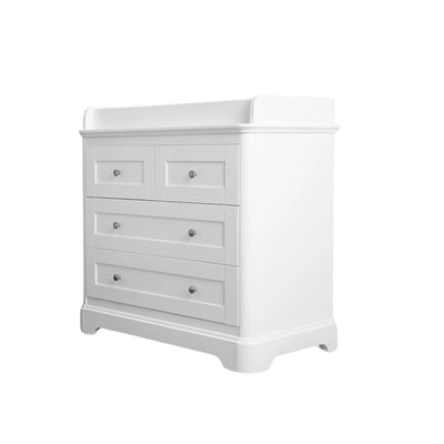 Gaia Baby Leto white dresser with baby changing top and multiple drawers shown at an angled view on a white background
