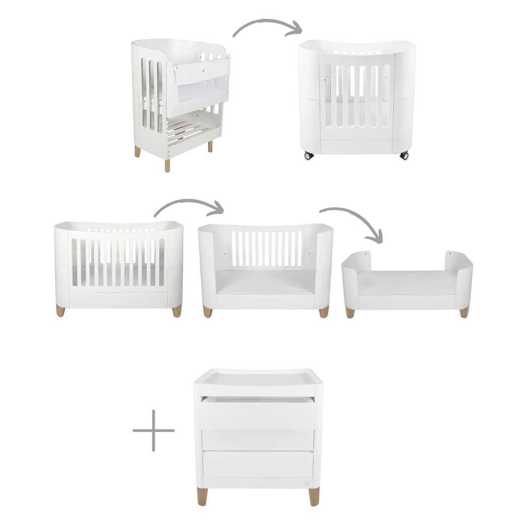 Illustration showing the Serena all-in-one cot bed conversion stages, from newborn cot to toddler bed and first bed, alongside the matching white dresser with natural wood legs, displayed on a white background