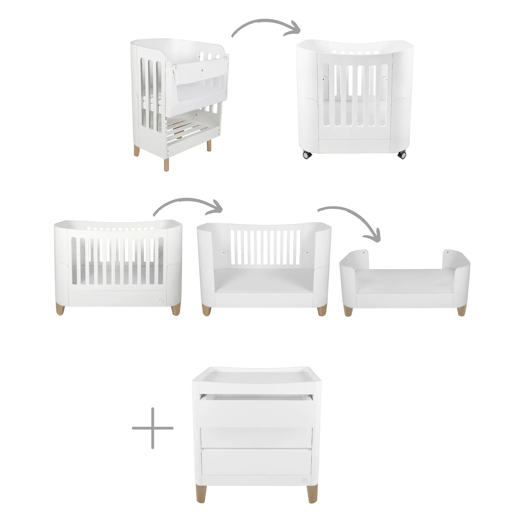 Illustration showing the Serena all-in-one cot bed conversion stages, from newborn cot to toddler bed and first bed, alongside the matching white dresser with natural wood legs, displayed on a white background
