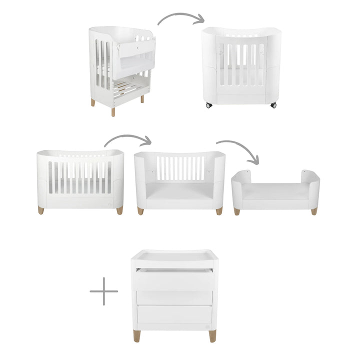 Illustration showing the Serena all-in-one cot bed conversion stages, from newborn cot to toddler bed and first bed, alongside the matching white dresser with natural wood legs, displayed on a white background