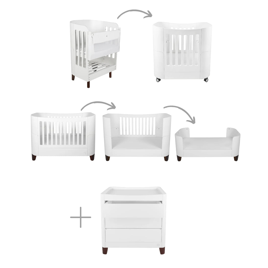 Illustration showing the Serena All-in-One cot transforming through each stage — from newborn mini cot to cot bed, toddler bed, and first bed — alongside the matching dresser with walnut legs, displayed on a clean white background with arrows indicating the conversion process.
