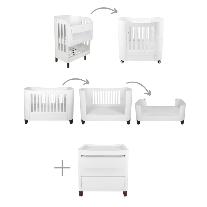 Illustration showing the Serena All-in-One cot transforming through each stage — from newborn mini cot to cot bed, toddler bed, and first bed — alongside the matching dresser with walnut legs, displayed on a clean white background with arrows indicating the conversion process.
