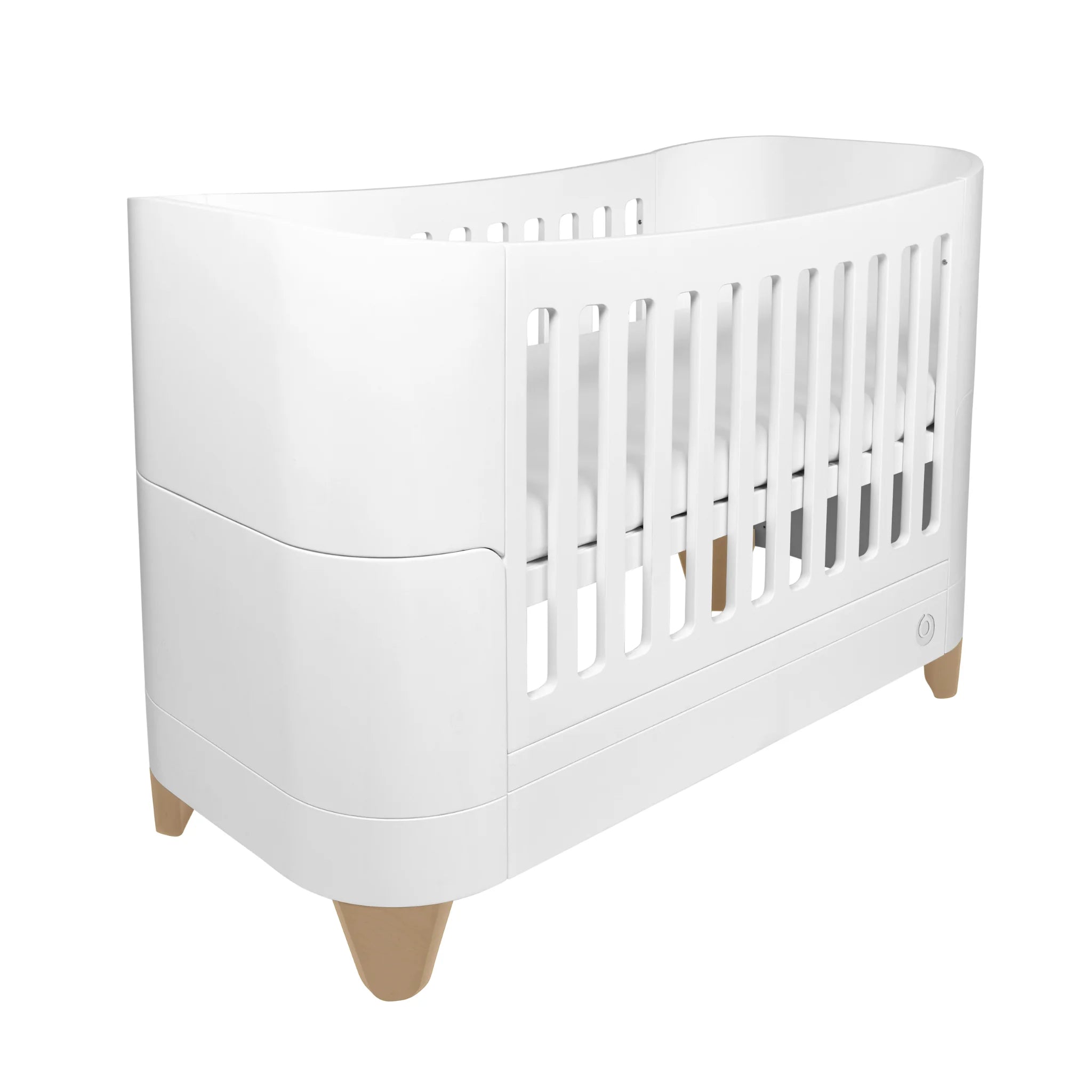 Modern white cot bed with smooth curved edges and angled natural wood legs, shown on a white background in a clean Scandinavian-inspired product shot.