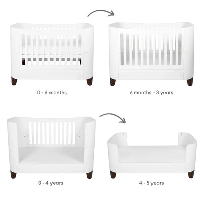 Illustration of the Serena cot bed with walnut legs evolving through each stage of childhood — from newborn cot to toddler bed and first bed — with age ranges clearly displayed on a clean white background.