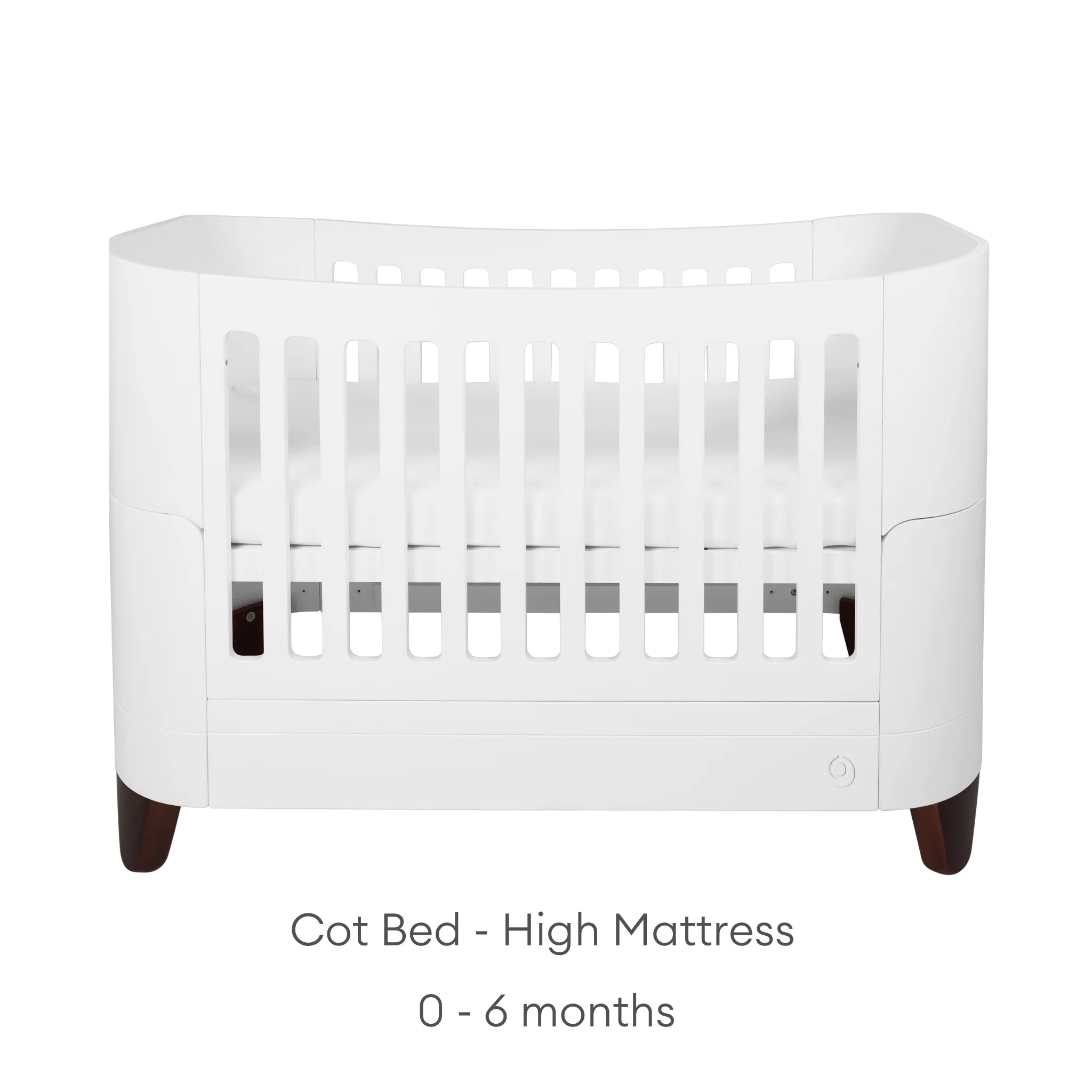 Serena cot bed with walnut legs in the high mattress position, designed for newborns from 0–6 months, displayed on a clean white background with the adjustable mattress setting clearly labelled.