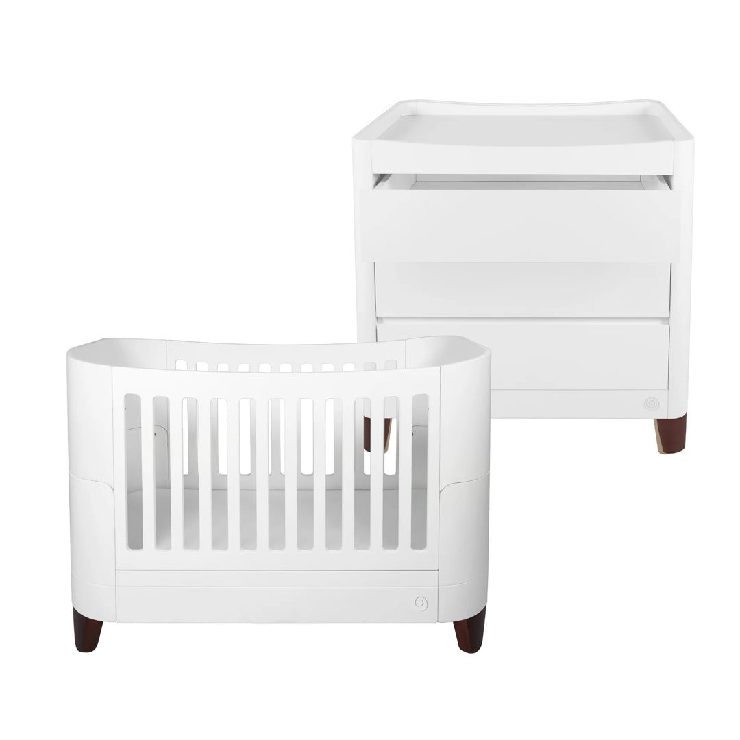Product set image featuring the Gaia Baby Serena cot bed and matching dresser with walnut legs, displayed together on a white background to showcase the coordinated nursery furniture collection.