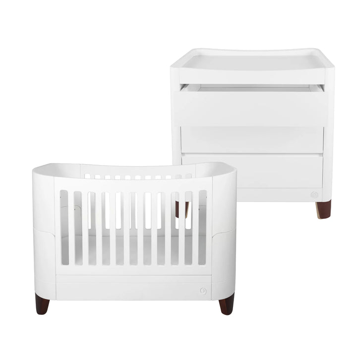 Product set image featuring the Gaia Baby Serena cot bed and matching dresser with walnut legs, displayed together on a white background to showcase the coordinated nursery furniture collection.