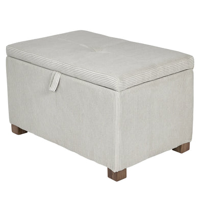 Gaia Baby Serena storage footstool in ecru corduroy fabric with wooden feet, upholstered nursery ottoman with hidden storage for toys, blankets and baby essentials in modern nursery decor.