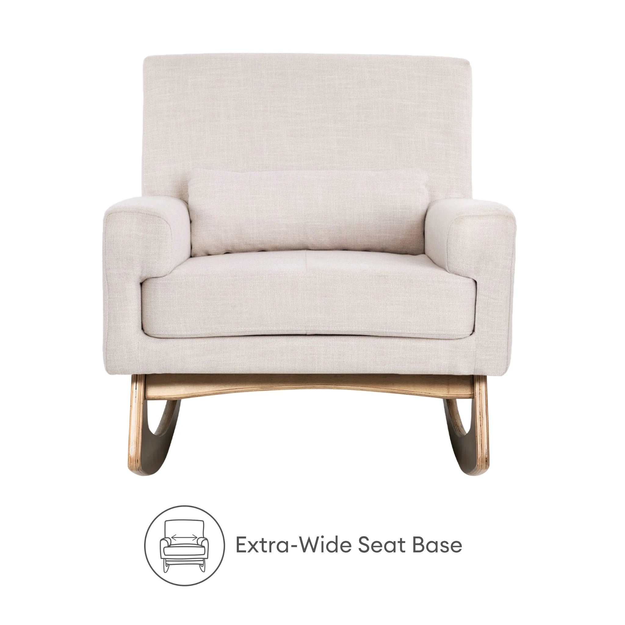 Gaia Baby Serena rocking nursing chair in oat fabric with extra-wide seat base feature