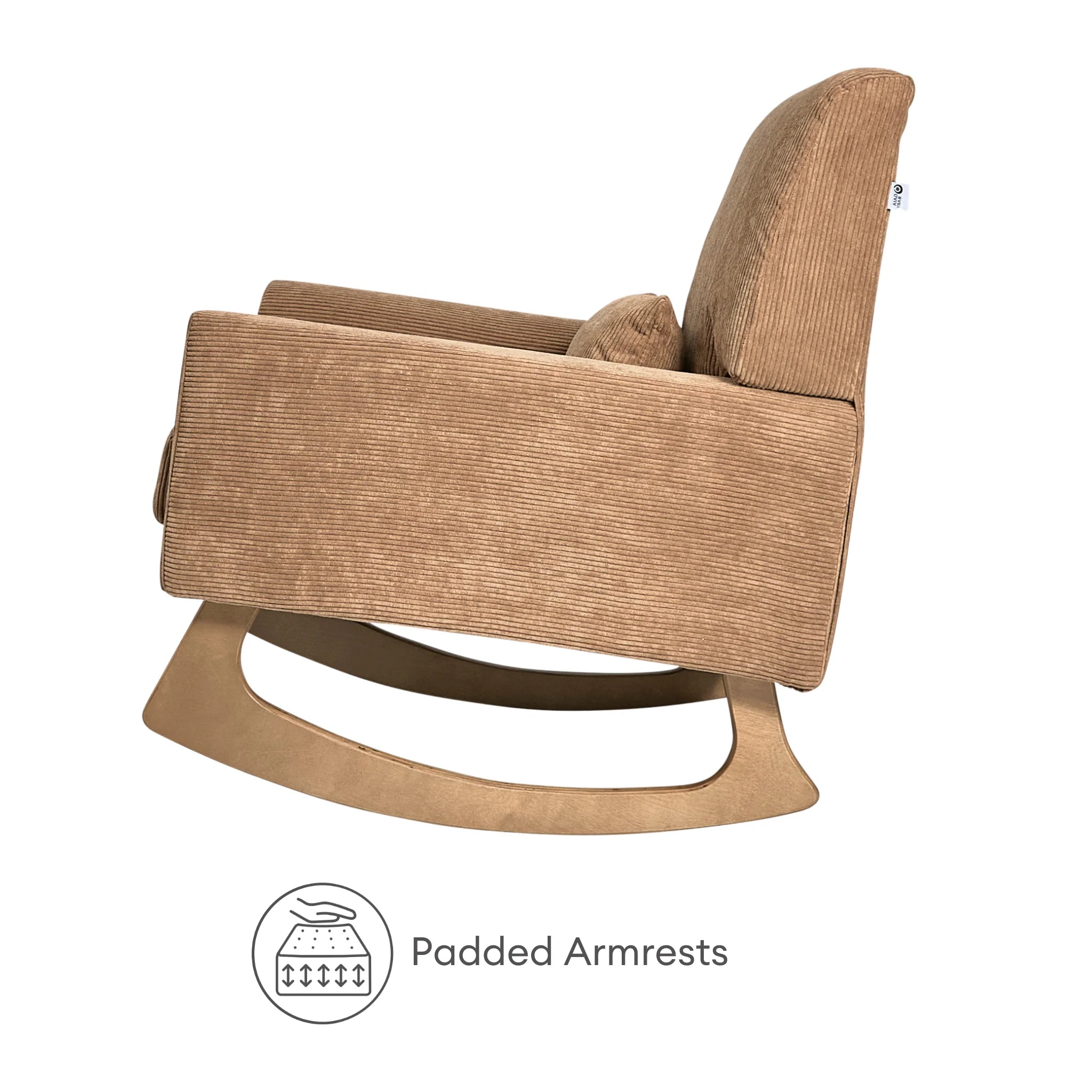 Gaia Baby Serena rocking nursing chair in caramel corduroy with padded armrests