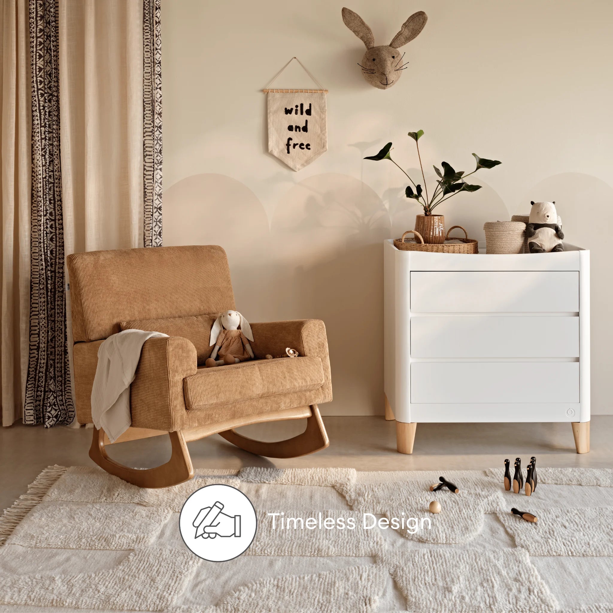 Gaia Baby Serena rocking nursing chair in caramel corduroy with timeless nursery design