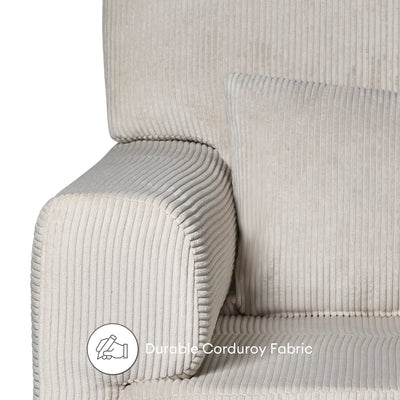 Close-up of Gaia Baby Serena rocking chair in ecru corduroy fabric