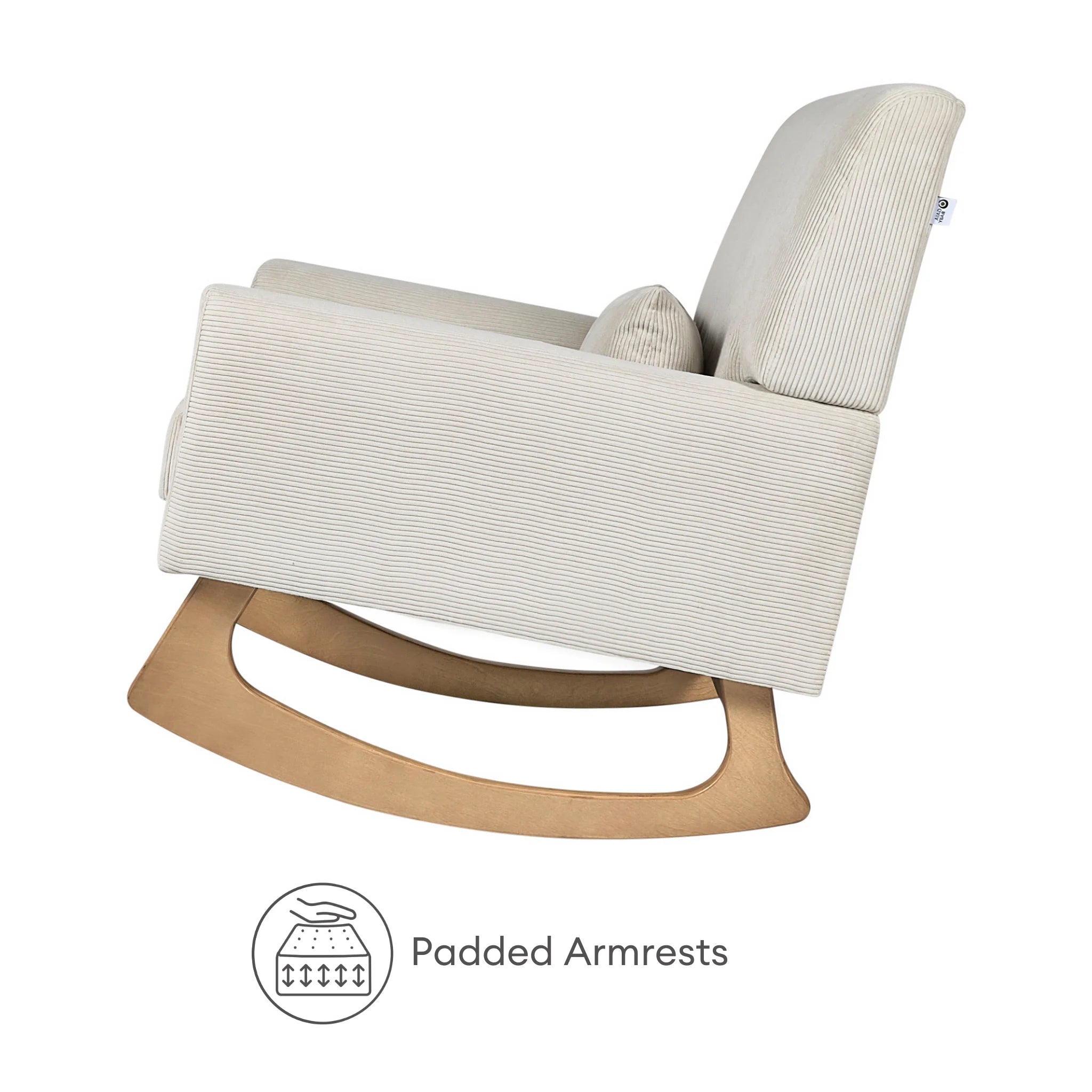 Side view of Gaia Baby Serena glider chair with padded armrests