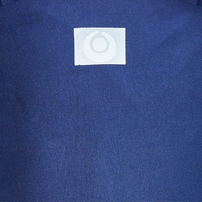 Close-up of Gaia Baby logo on Midnight Tide organic cotton stretchy baby wrap carrier fabric