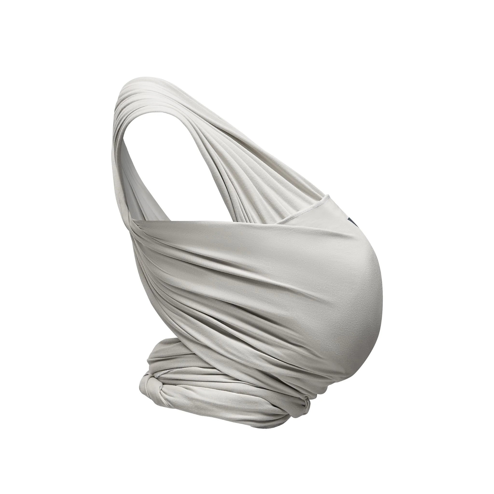 Gaia Baby organic cotton stretchy baby wrap carrier in silver grey, side view of ergonomic newborn baby sling
