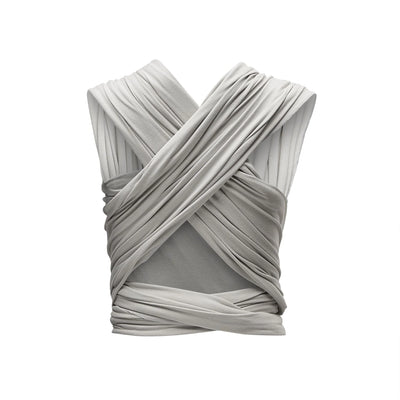 Gaia Baby organic cotton stretchy baby wrap carrier in silver grey, back view showing cross-over support straps for newborn babywearing