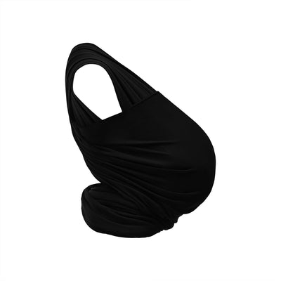 Side view of Gaia Baby black stretchy wrap baby carrier on a white background.