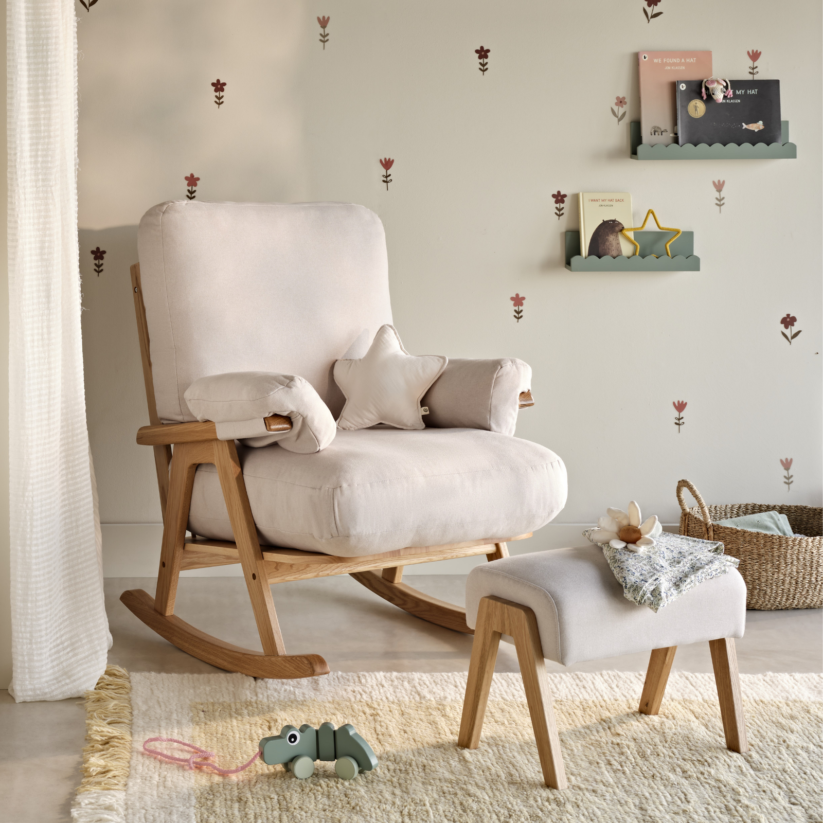 Hera rocking chair with Hera footstool in Barley in a modern nursery.