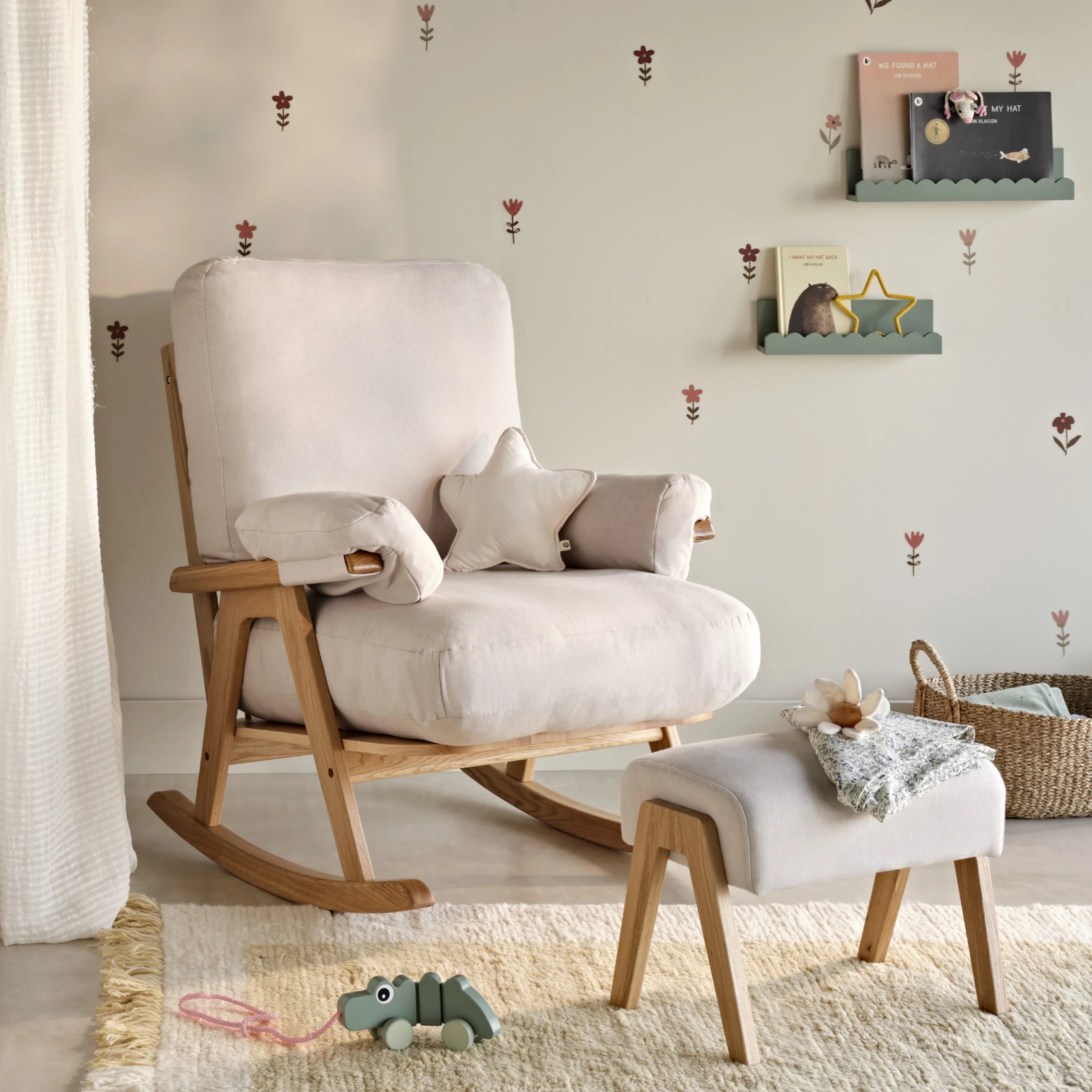 Gaia Baby Hera rocking chair and footstool set in Barley fabric with natural oak wood frame in a neutral nursery setting.