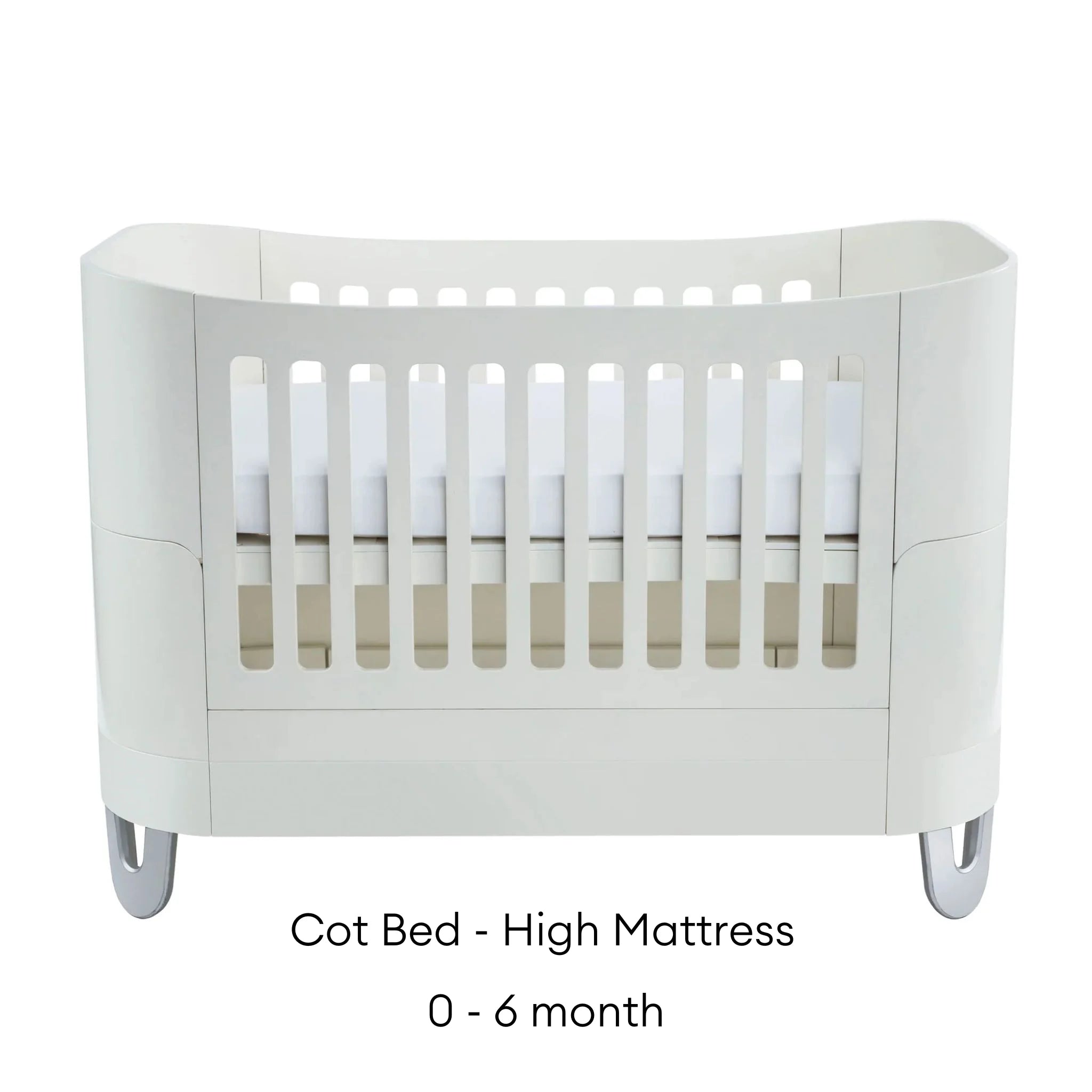 White Gaia Baby Serena cot bed with high mattress setting for newborns aged 0–6 months