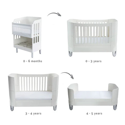 Gaia Baby Serena cot bed conversion stages from co-sleeper crib to junior bed for ages 0–5 years