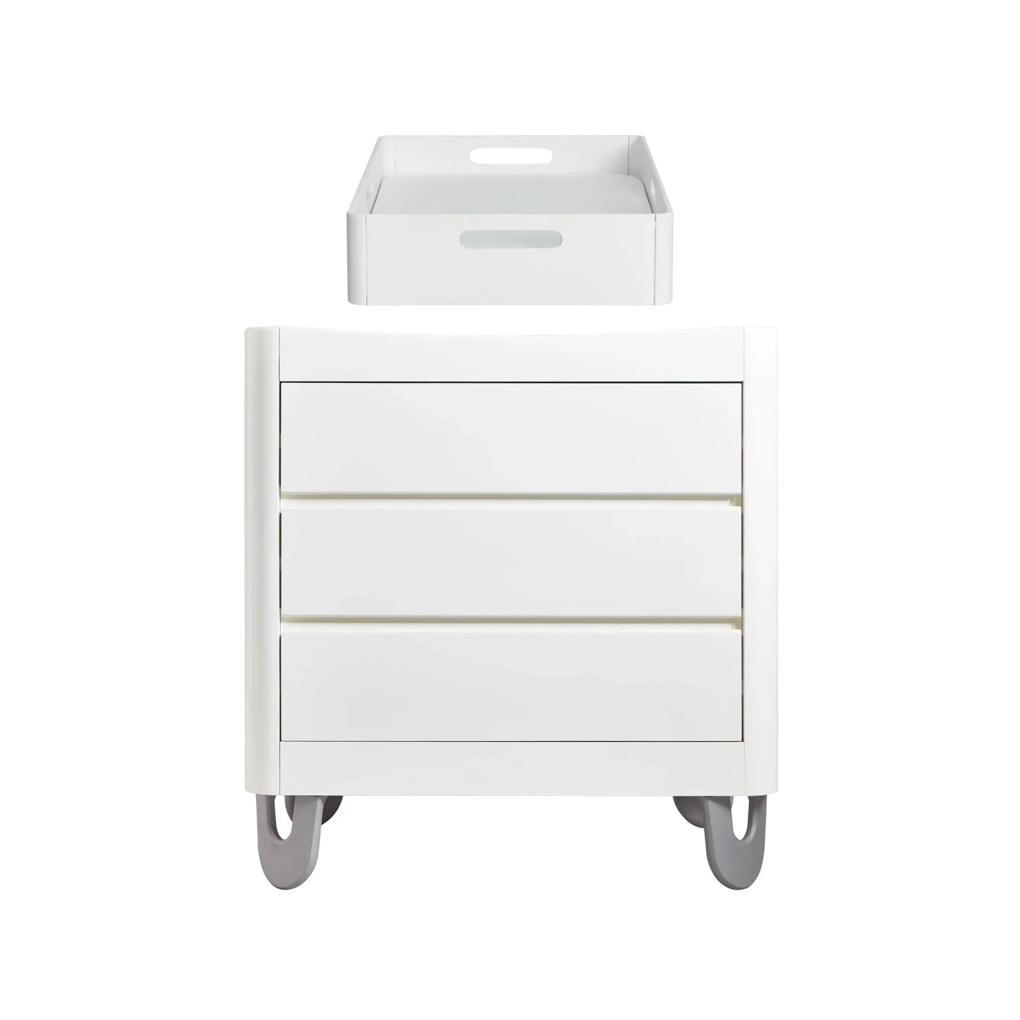 Front view of Gaia Baby Serena white dresser with matching white changing tray on top