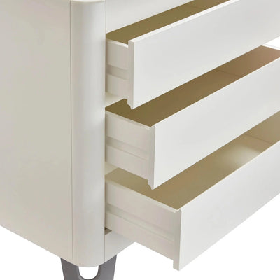 Close-up of Gaia Baby Serena white dresser drawers showing soft-close storage design