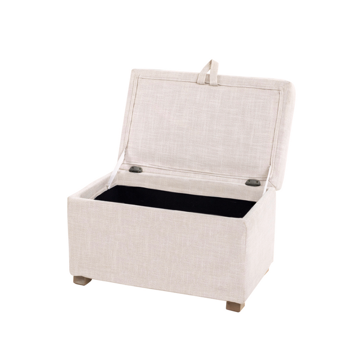 Product image of a footstool with hidden storage, lid open