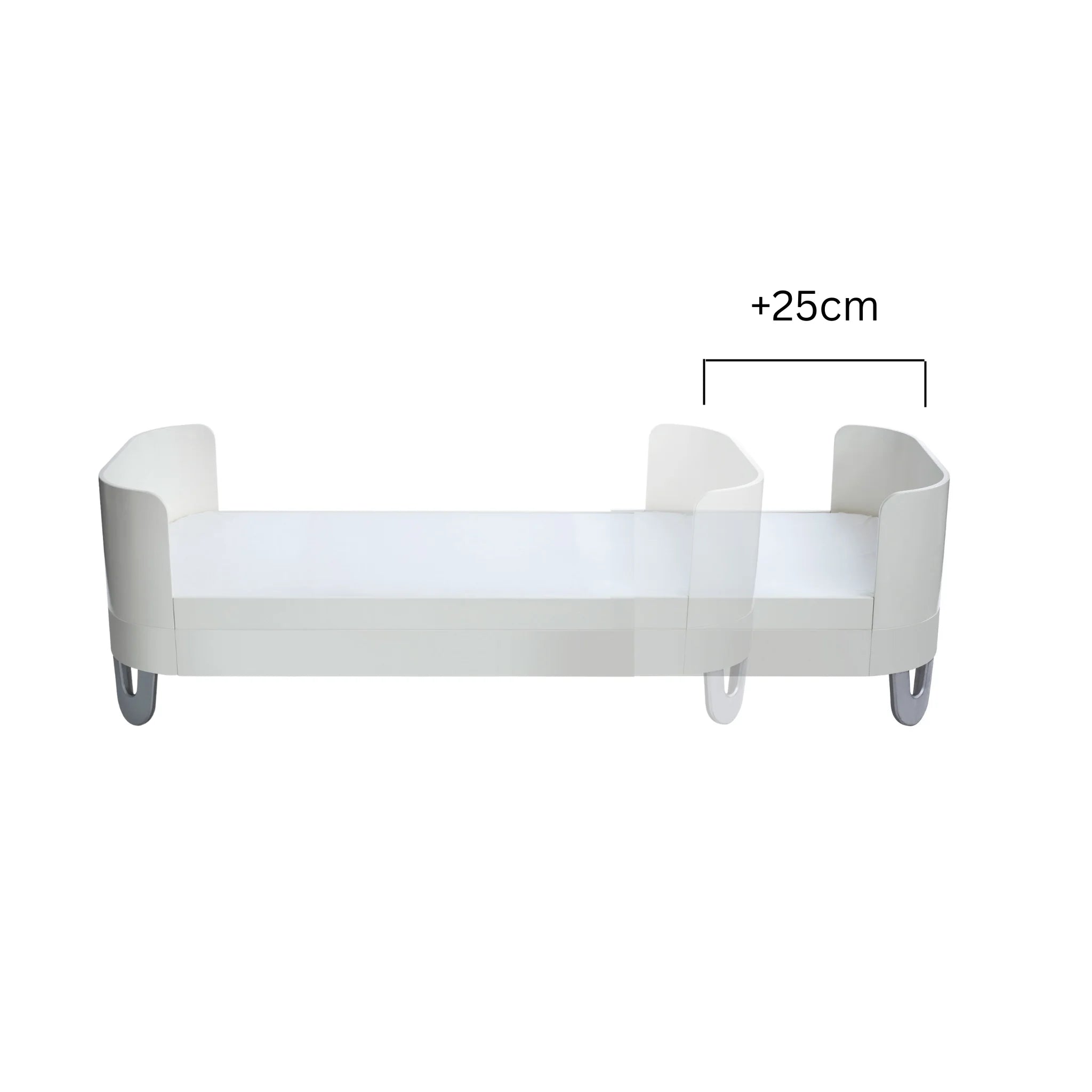 White Gaia Baby Serena Junior Bed with 25cm extension piece illustrated on a white background