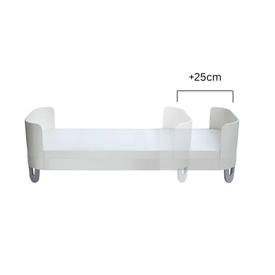 White Gaia Baby Serena Junior Bed with 25cm extension piece illustrated on a white background