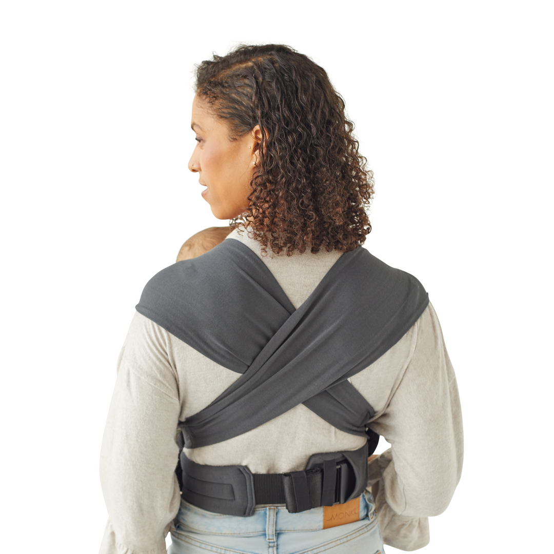 Modelled image of how the Gaia Baby Newborn Plus Carrier Straps look like over the shoulders and at the back