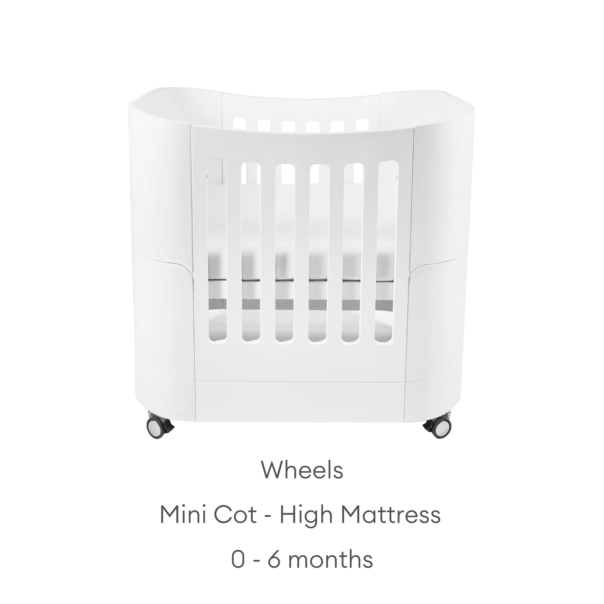 Gaia Baby Serena Mini Cot with wheels and high mattress position, white wooden baby crib suitable for newborns 0–6 months.