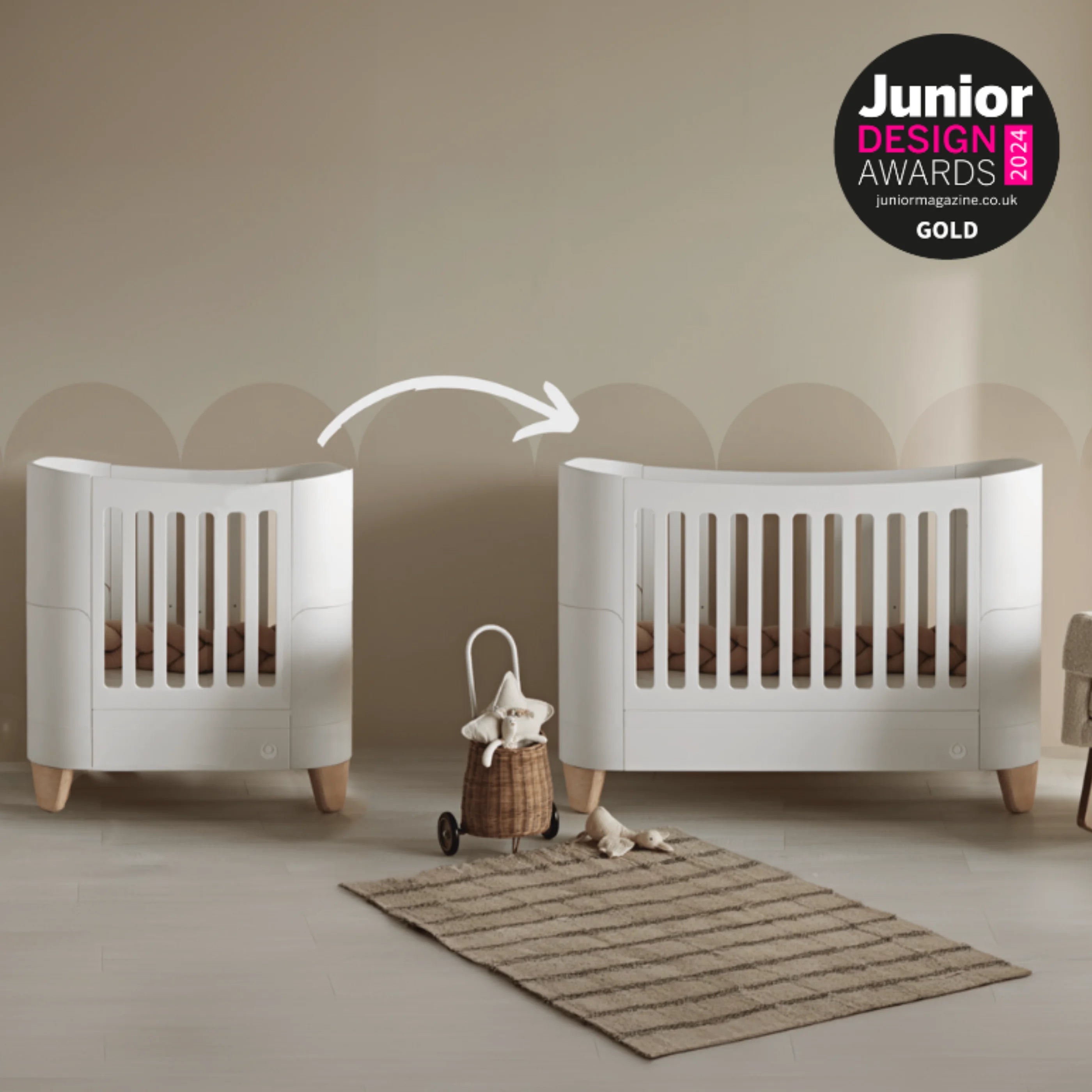 Gaia Baby Serena Mini Cot with cot bed extension converting from crib to toddler bed, white wooden nursery furniture, Junior Design Awards Gold winner.