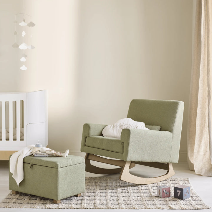 Gaia Baby Serena Sage Boucle Nursing Chair and matching footstool in a beautiful neutral nursery