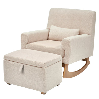 Gaia Baby Serena rocking chair and storage footstool in biscuit boucle fabric with oak wood rocking base, premium nursery feeding chair set for modern Scandinavian style baby room.