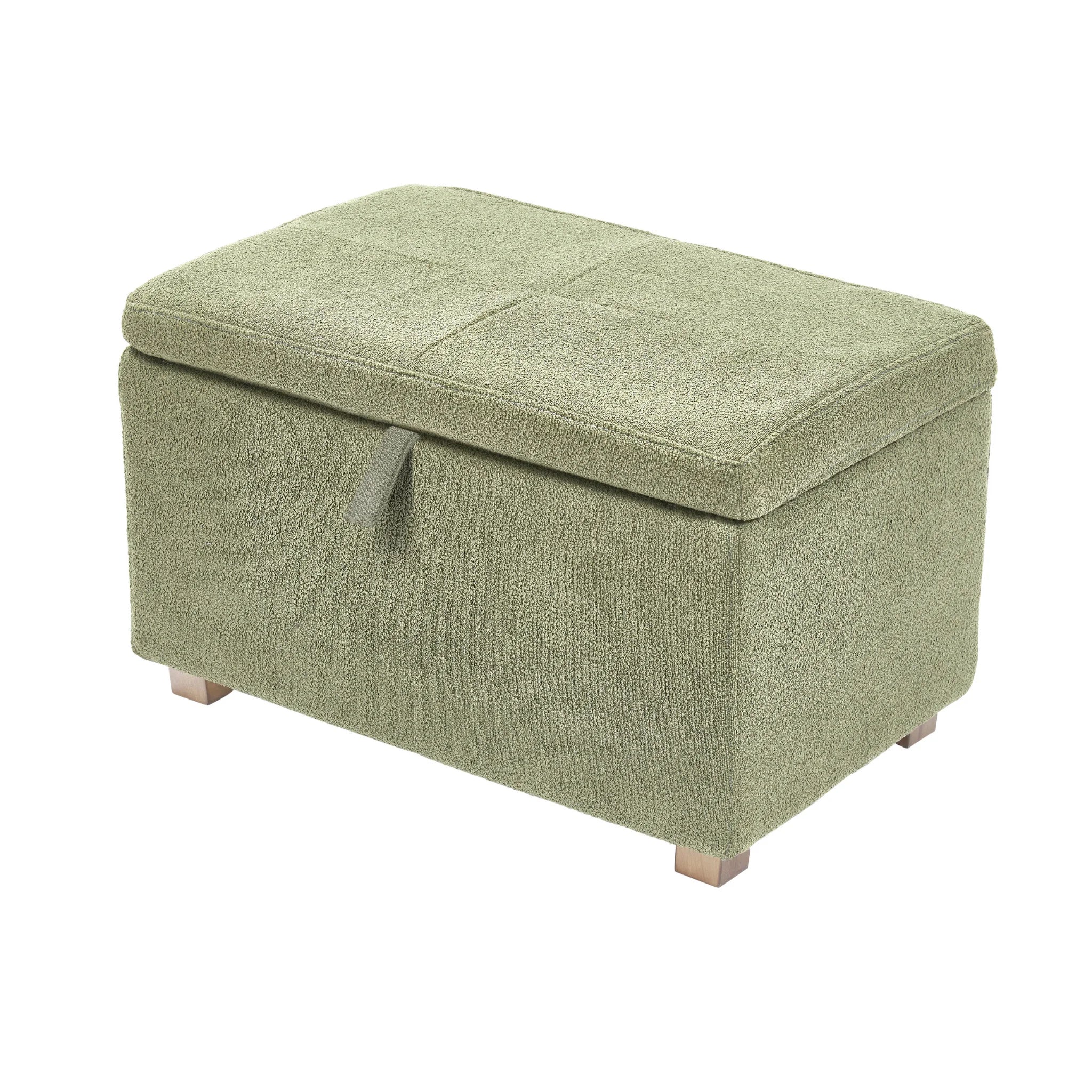 Gaia Baby Serena storage footstool in sage green fabric with oak wood feet, upholstered nursery ottoman with hidden storage for toys, blankets and baby essentials in modern Scandinavian nursery decor.
