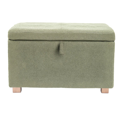 Gaia Baby Serena storage footstool in sage green fabric with oak wood feet, upholstered nursery ottoman with hidden storage for toys, blankets and baby essentials in modern Scandinavian nursery decor.