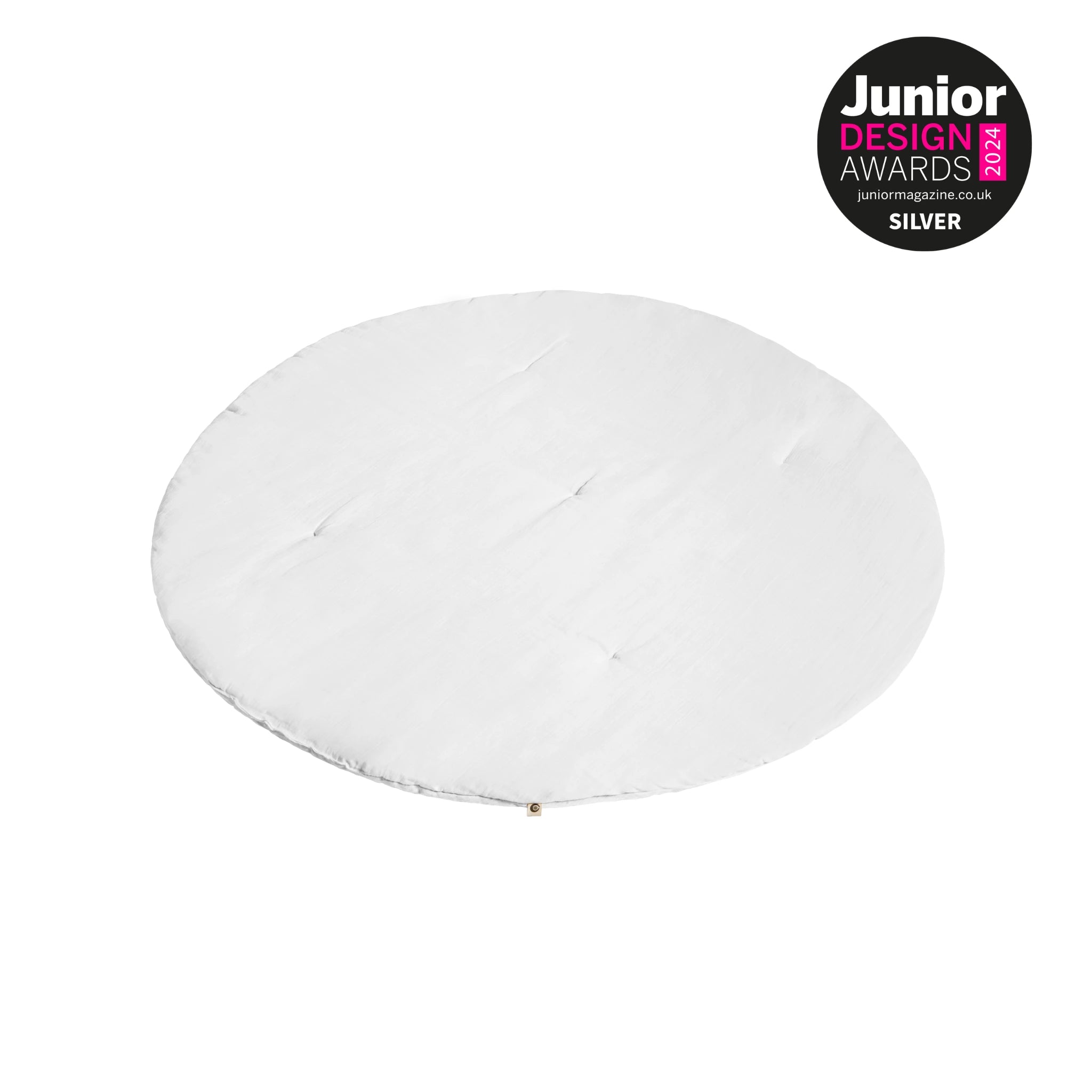 Gaia Baby Maia muslin playmat in soft white with Junior Design Awards 2024 Silver badge on a white background
