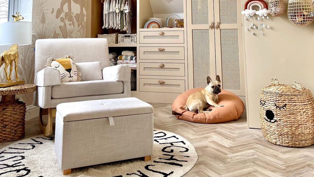 Olivia Bowen's nursery with the Serena Rocking and nursing Chair and footstool in Oat