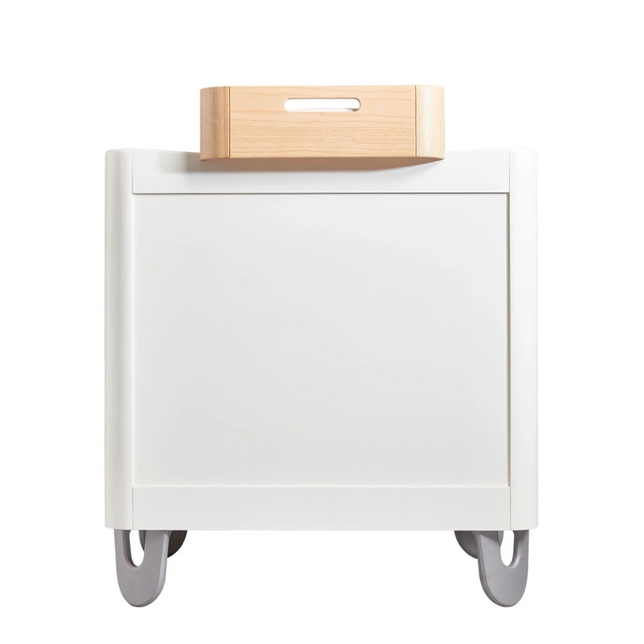 Gaia Baby Serena Dresser white and Hera Changing Station from the back.. White modern dresser. Minimalist white solid wood dresser